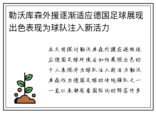 勒沃库森外援逐渐适应德国足球展现出色表现为球队注入新活力