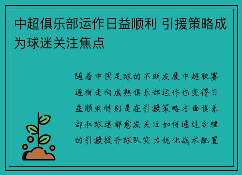 中超俱乐部运作日益顺利 引援策略成为球迷关注焦点