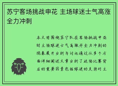 苏宁客场挑战申花 主场球迷士气高涨全力冲刺