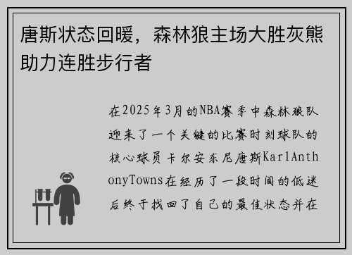 唐斯状态回暖，森林狼主场大胜灰熊助力连胜步行者