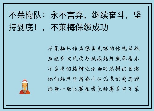 不莱梅队：永不言弃，继续奋斗，坚持到底！，不莱梅保级成功