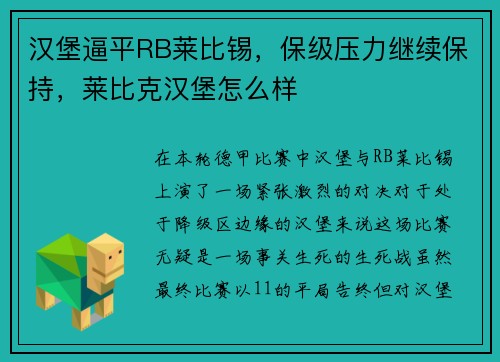 汉堡逼平RB莱比锡，保级压力继续保持，莱比克汉堡怎么样