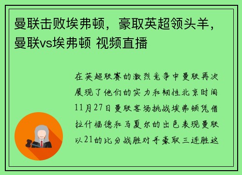 曼联击败埃弗顿，豪取英超领头羊，曼联vs埃弗顿 视频直播