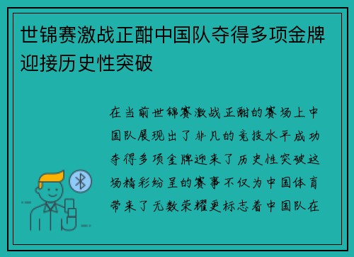 世锦赛激战正酣中国队夺得多项金牌迎接历史性突破