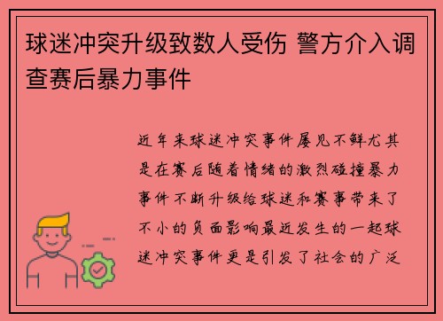 球迷冲突升级致数人受伤 警方介入调查赛后暴力事件