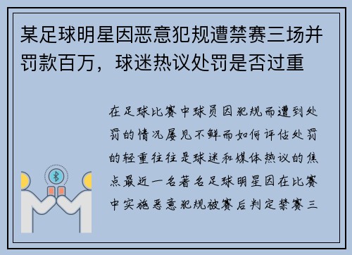 某足球明星因恶意犯规遭禁赛三场并罚款百万，球迷热议处罚是否过重