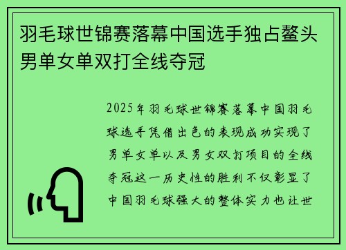 羽毛球世锦赛落幕中国选手独占鳌头男单女单双打全线夺冠