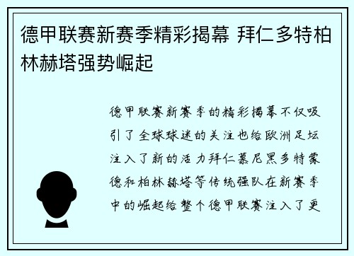 德甲联赛新赛季精彩揭幕 拜仁多特柏林赫塔强势崛起
